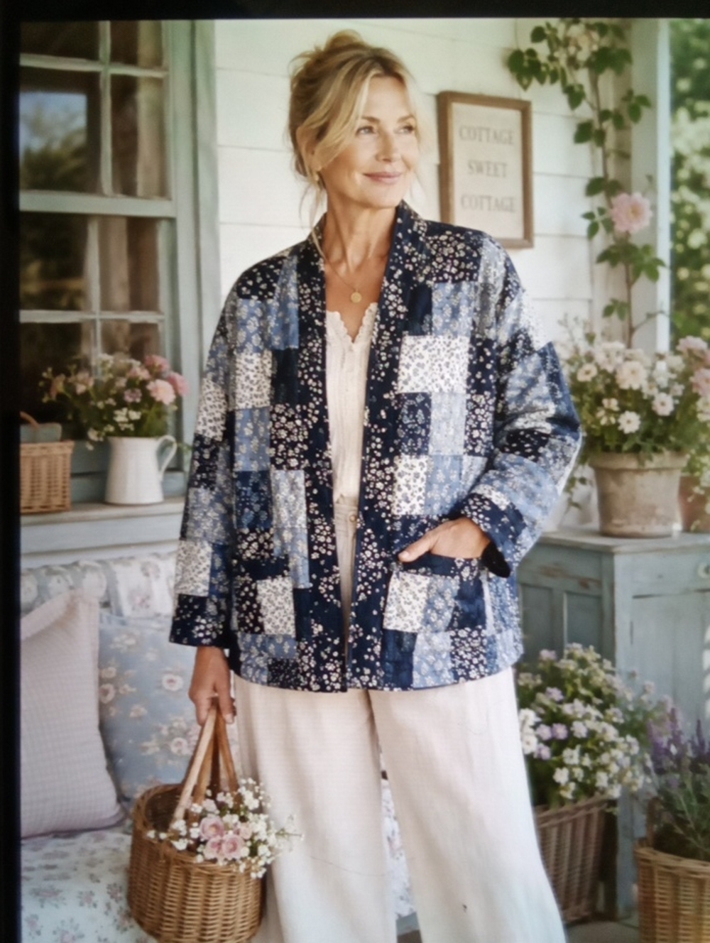 Style&co Coastal Patchwork Quilted Jacket Blue Floral Open Front Womens Medium